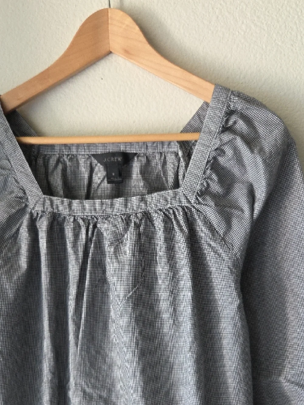 J. Crew Gray Checked Square Neck Peasant Blouse 100% Cotton Sz 8 Boho Cottage
